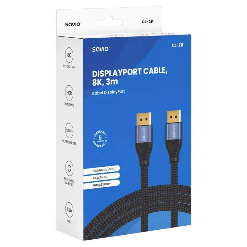 SAVIO CL-211 DisplayPort 2.1 Kabel 3m Schwarz