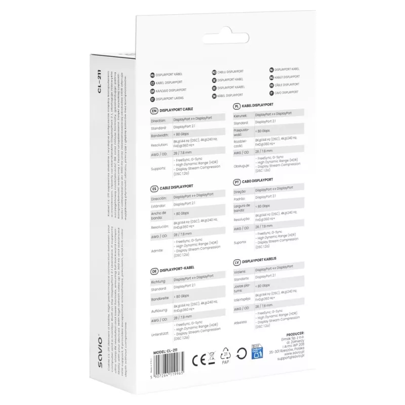 SAVIO CL-211 DisplayPort 2.1 Kabel 3m Schwarz