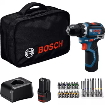 Bosch Professional GSR 12V-32 Akku-Bohrschrauber, 12V, Blau/Schwarz, 2x 2,0 Ah Li-Ion Akkus, 24-teiliges Zubehörset, Werkzeugtasche