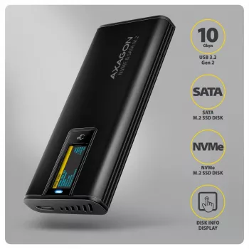 AXAGON EEM2-SD2B Externes Gehäuse 10Gbps M.2 NVMe/SATA SSD mit LED-Anzeige, USB-C, Schwarz