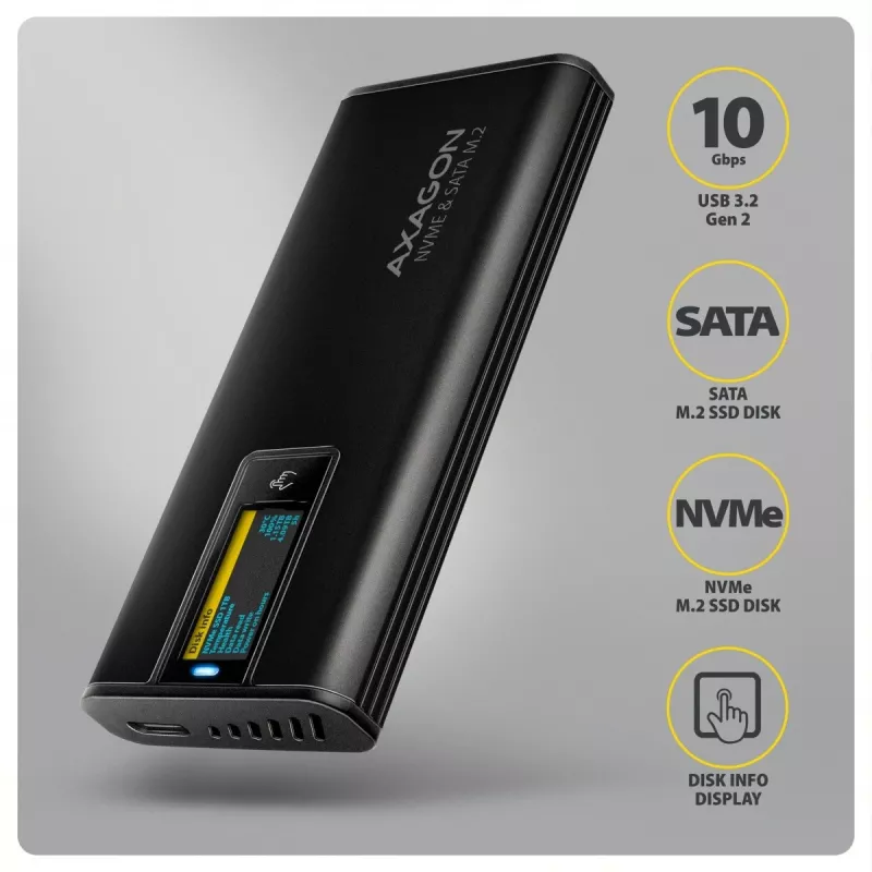 AXAGON EEM2-SD2B Externes Gehäuse 10Gbps M.2 NVMe/SATA SSD mit LED-Anzeige, USB-C, Schwarz