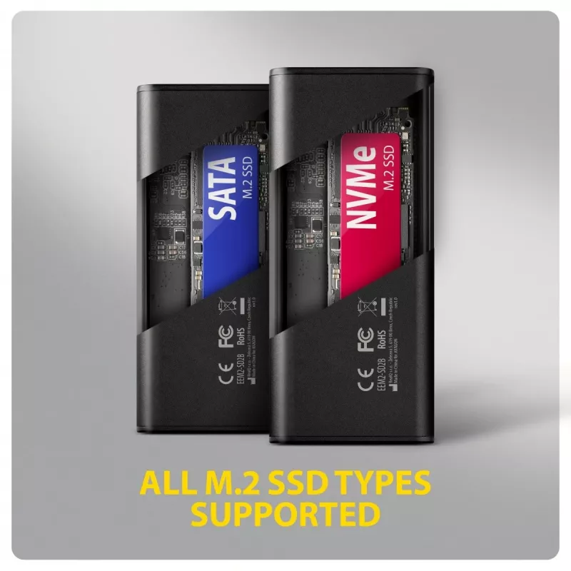 AXAGON EEM2-SD2B Externes Gehäuse 10Gbps M.2 NVMe/SATA SSD mit LED-Anzeige, USB-C, Schwarz
