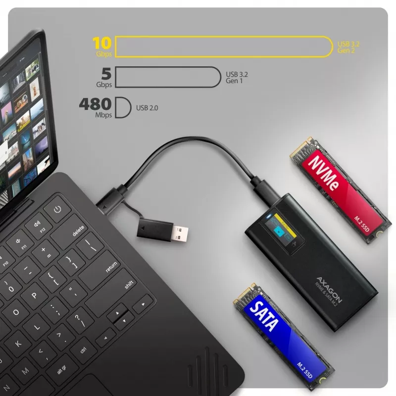 AXAGON EEM2-SD2B Externes Gehäuse 10Gbps M.2 NVMe/SATA SSD mit LED-Anzeige, USB-C, Schwarz
