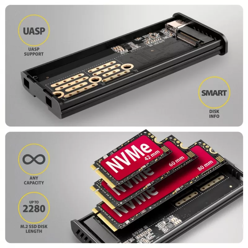 AXAGON EEM2-SD2B Externes Gehäuse 10Gbps M.2 NVMe/SATA SSD mit LED-Anzeige, USB-C, Schwarz