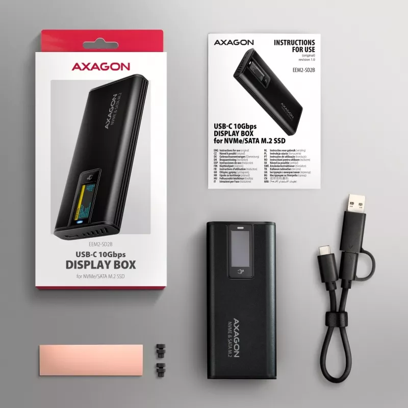 AXAGON EEM2-SD2B Externes Gehäuse 10Gbps M.2 NVMe/SATA SSD mit LED-Anzeige, USB-C, Schwarz