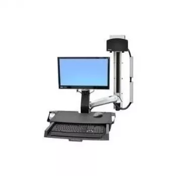 Ergotron StyleView Sit-Stand Combo System mit Arbeitsfläche und kleinem schwarzen CPU-Halter