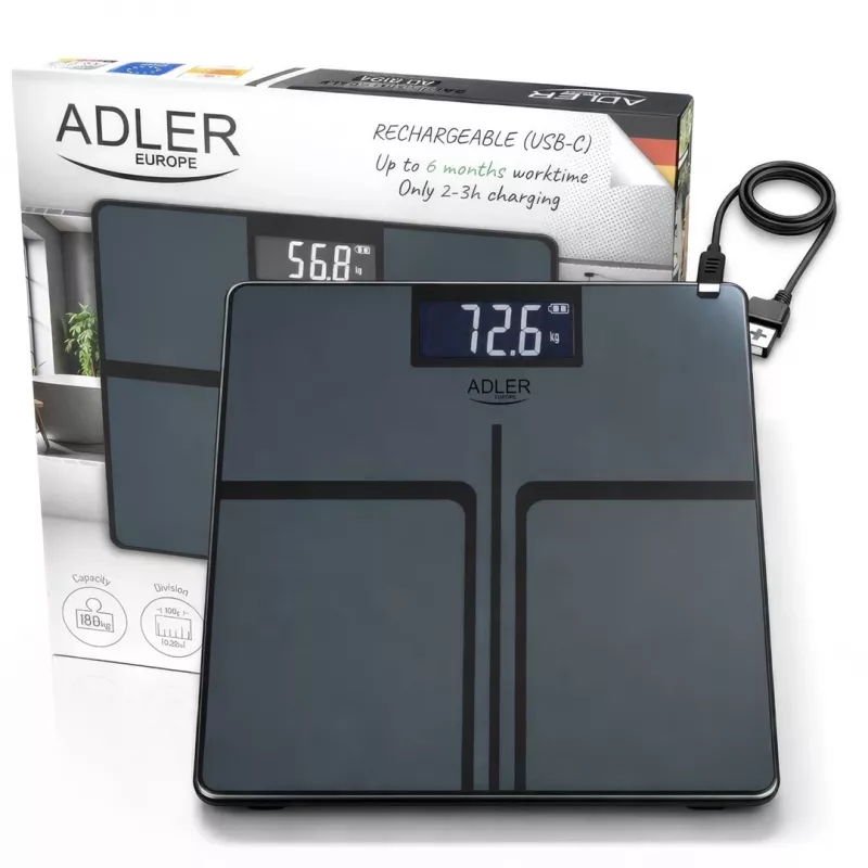 Adler AD 8194s Digitale Personenwaage, Weiß, Streifenmuster, 180 kg Kapazität