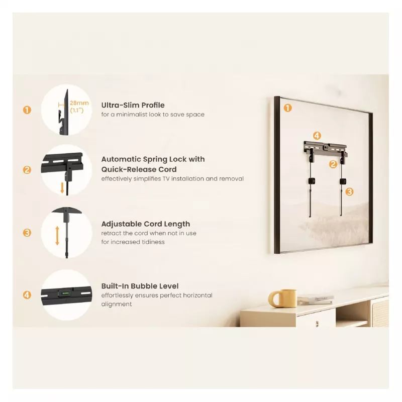 Equip 37-86 Zoll No Drilling TV-Wandhalterung mit 1 Gelenk, 60 kg, Schwarz