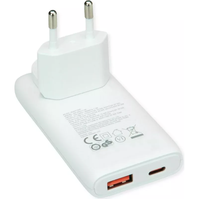VALUE USB-Wandladegerät, EU/US-Stecker, 2x USB (A+C), 65W