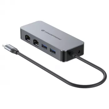 CONCEPTRONIC USB-C auf 2x Gigabit Ethernet + 2x USB-A 3.2 Gen 1 Adapter, 0,3 m, Grau