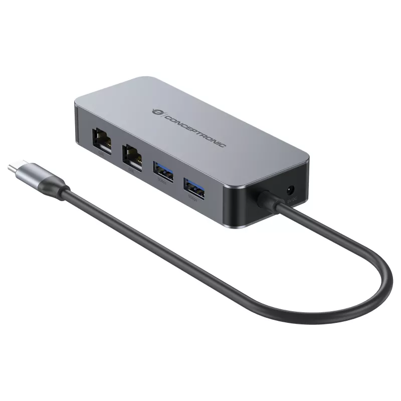 CONCEPTRONIC USB-C auf 2x Gigabit Ethernet + 2x USB-A 3.2 Gen 1 Adapter, 0,3 m, Grau