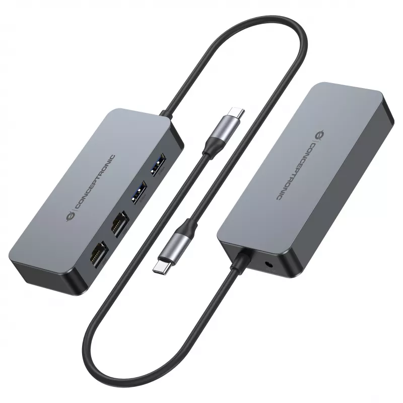 CONCEPTRONIC USB-C auf 2x Gigabit Ethernet + 2x USB-A 3.2 Gen 1 Adapter, 0,3 m, Grau