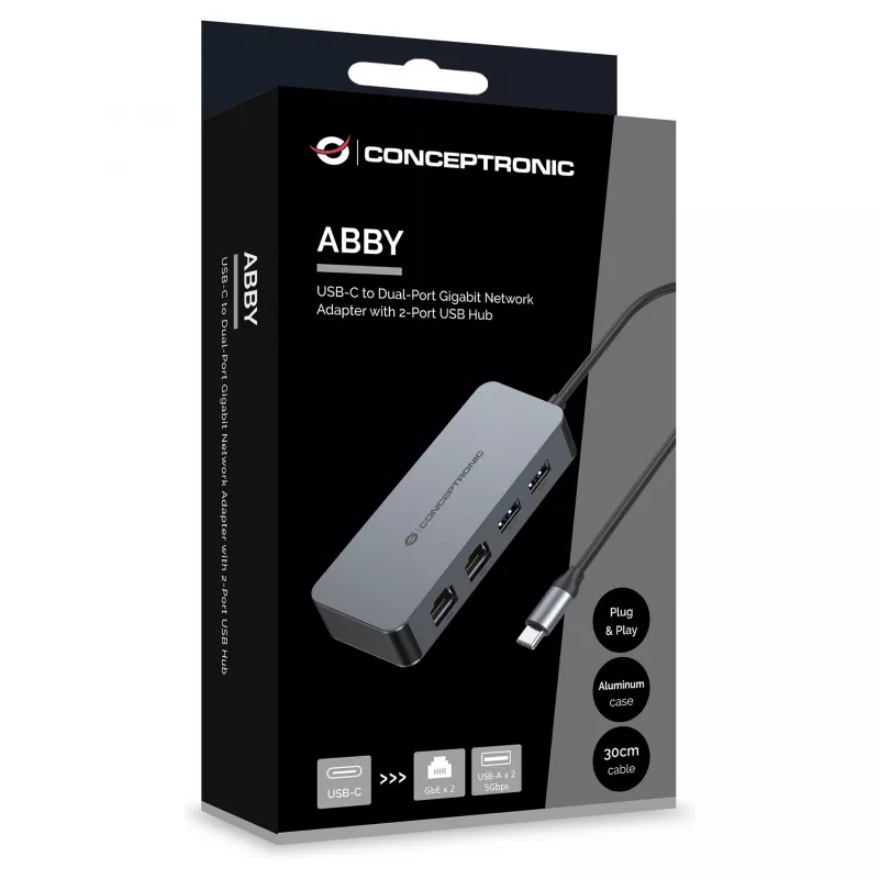 CONCEPTRONIC USB-C auf 2x Gigabit Ethernet + 2x USB-A 3.2 Gen 1 Adapter, 0,3 m, Grau