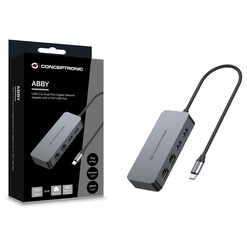 CONCEPTRONIC USB-C auf 2x Gigabit Ethernet + 2x USB-A 3.2 Gen 1 Adapter, 0,3 m, Grau