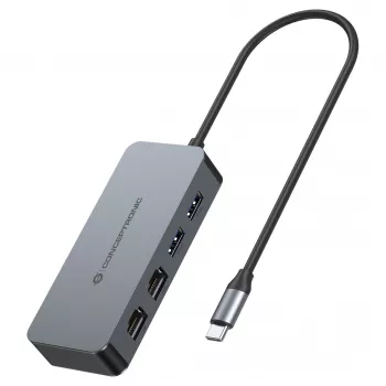 CONCEPTRONIC USB-C auf 2x Gigabit Ethernet + 2x USB-A 3.2 Gen 1 Adapter, 0,3 m, Grau