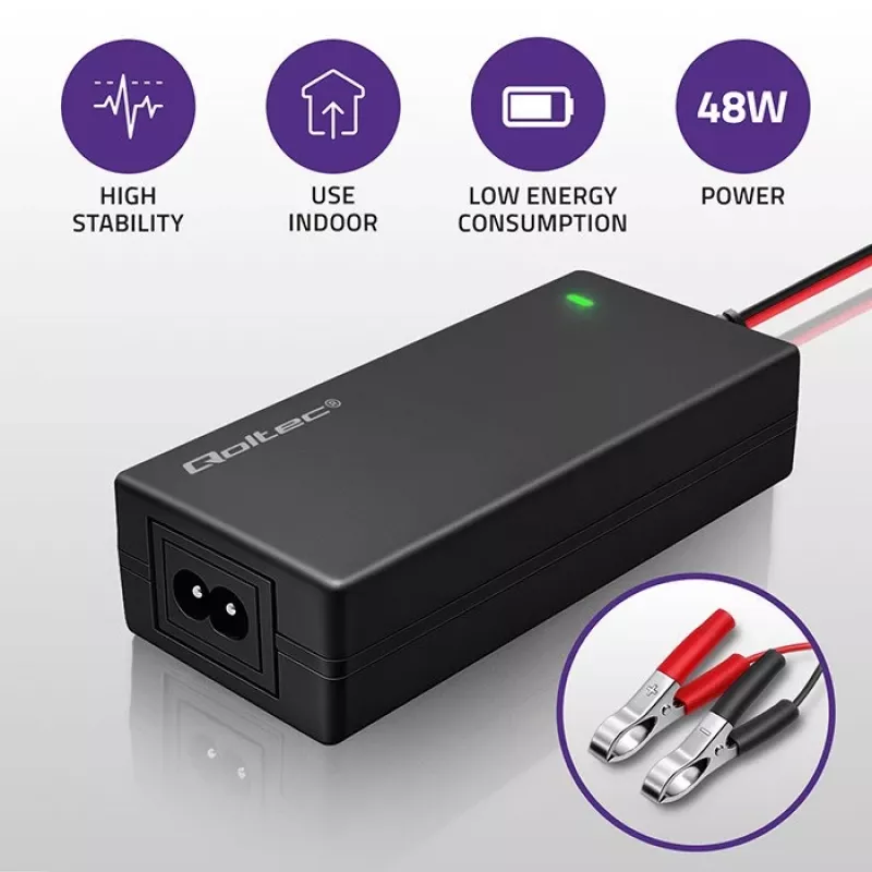 Qoltec 52665 Automatisches Batterieladegerät für AGM GEL STD Batterien, 24V 2A 48W, LED-Anzeige, 1,8m Kabel