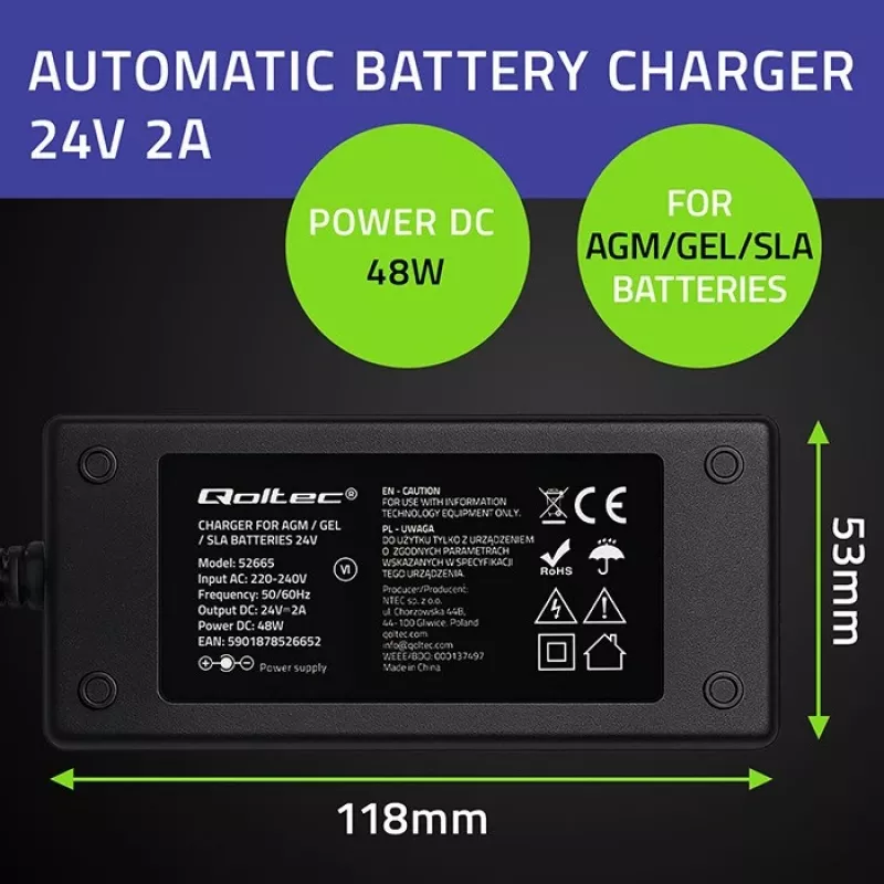 Qoltec 52665 Automatisches Batterieladegerät für AGM GEL STD Batterien, 24V 2A 48W, LED-Anzeige, 1,8m Kabel