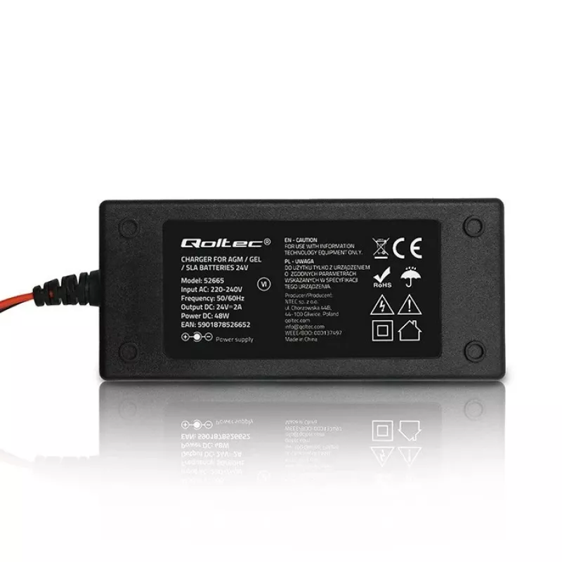 Qoltec 52665 Automatisches Batterieladegerät für AGM GEL STD Batterien, 24V 2A 48W, LED-Anzeige, 1,8m Kabel