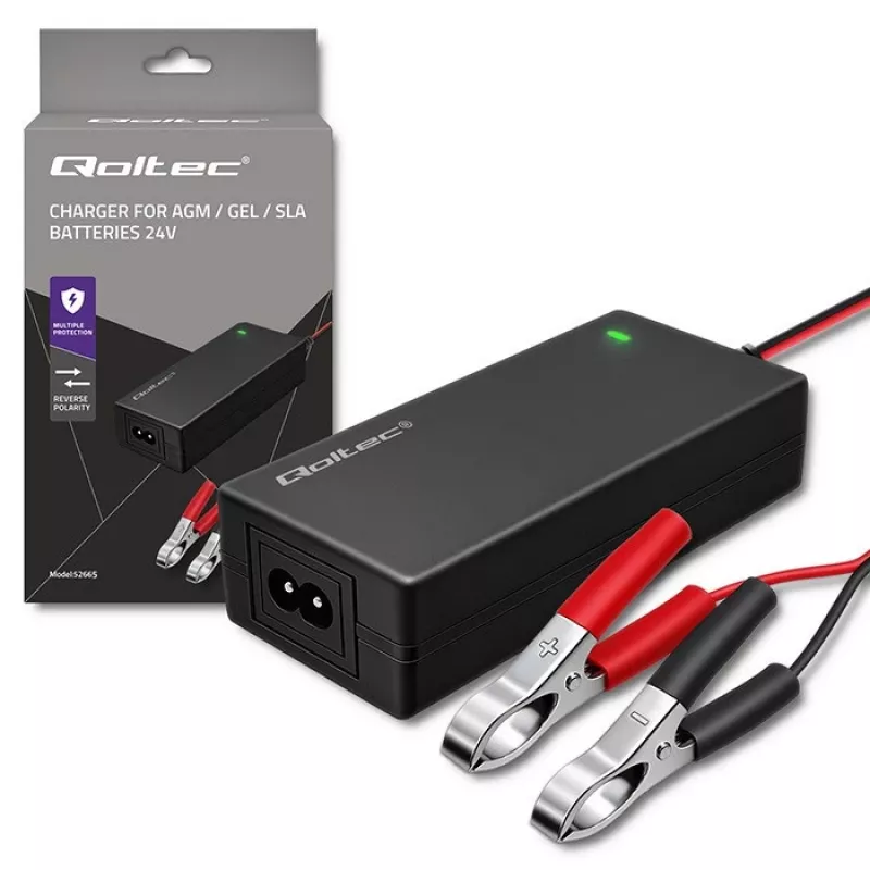 Qoltec 52665 Automatisches Batterieladegerät für AGM GEL STD Batterien, 24V 2A 48W, LED-Anzeige, 1,8m Kabel