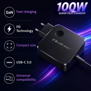 Qoltec 100W GaN USB-C PD Charger 5-20V 3-5A Black