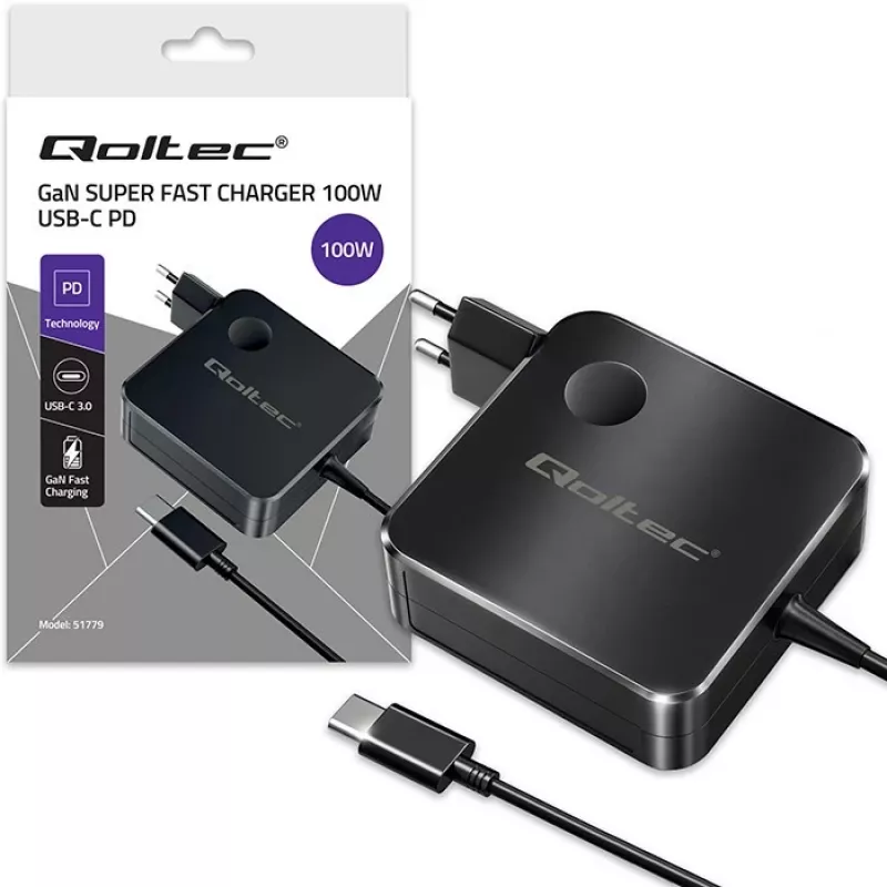 Qoltec 100W GaN USB-C PD Charger 5-20V 3-5A Black