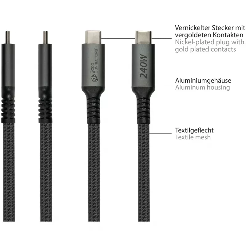 GoodConnections USB-C 2.0 (ST-ST) 3m Verbindungskabel Textilummantelung 240W Anthrazit