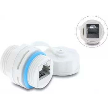 Delock RJ45 Kupplung Cat.6A Buchse zu Buchse mit M23.5 x 1.5 mm Gewinde und Schutzkappe IP68 staubdicht und wasserdicht Weiß (87156)