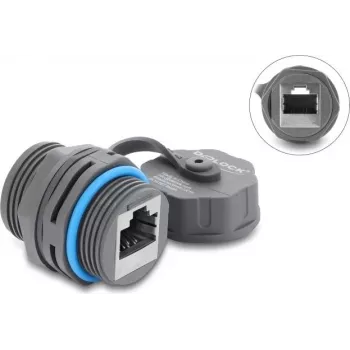 Delock RJ45 Kupplung Buchse/Buchse Cat.6A mit M23,5 x 1,5 mm Gewinde und Schutzkappe IP68 staub- und wasserdicht grau (87157)