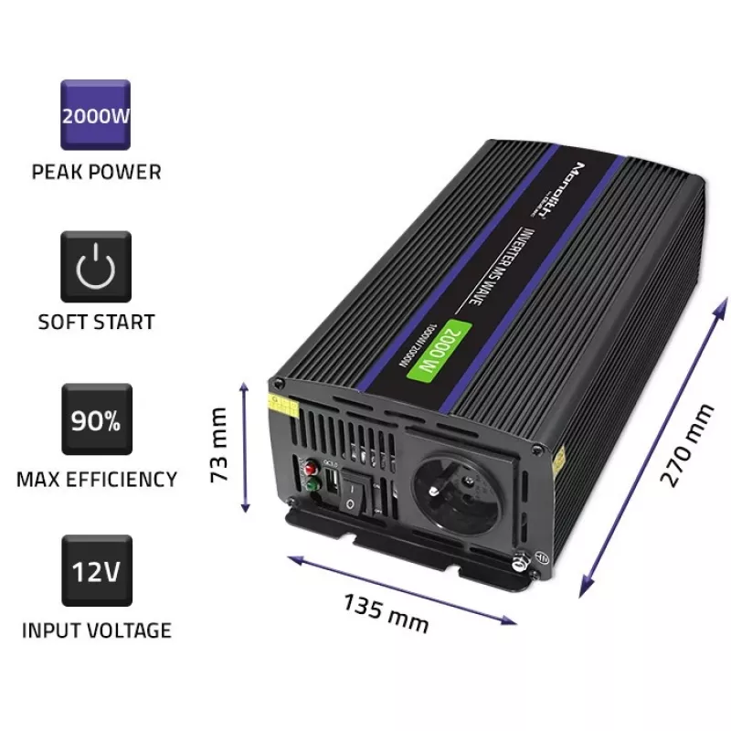 Qoltec Monolith 2000 MS Wave Spannungswandler 12V auf 230V 1000/2000W USB