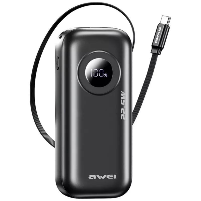 AWEI PowerBank PA-9 10000mAh 22.5W mit einziehbarem Kabel Schwarz