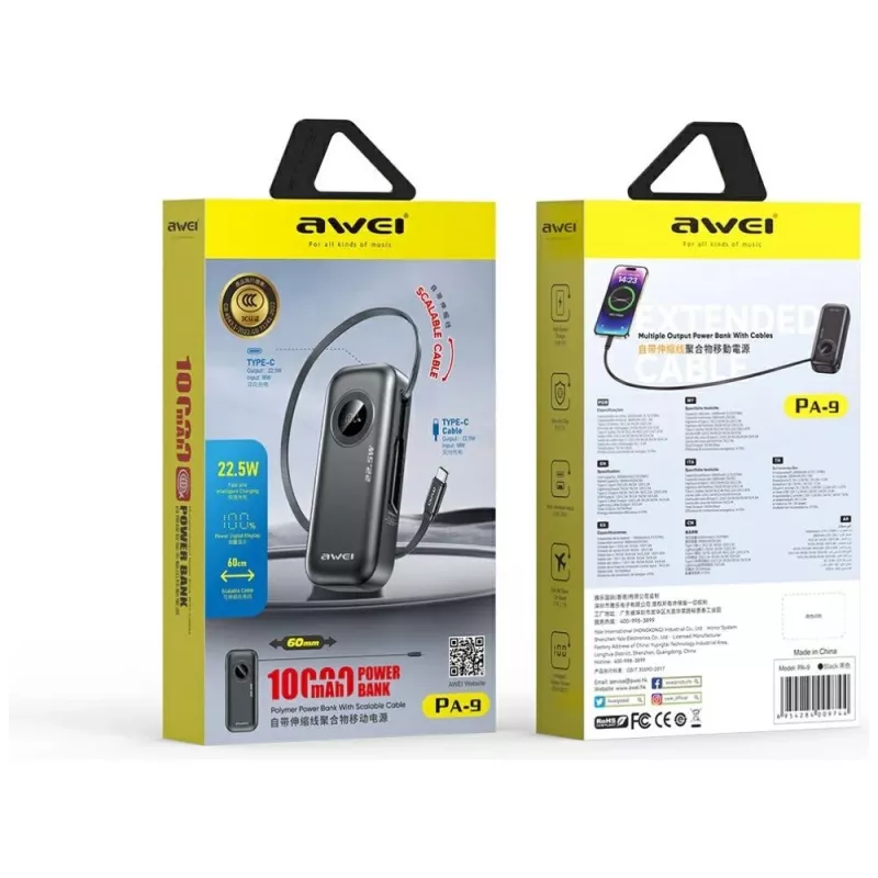 AWEI PowerBank PA-9 10000mAh 22.5W mit einziehbarem Kabel Schwarz
