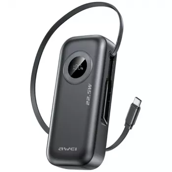AWEI PowerBank PA-9 10000mAh 22.5W mit einziehbarem Kabel Schwarz