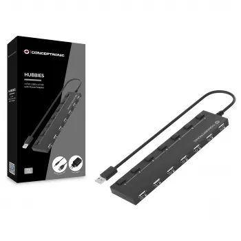Conceptronic 7-Port USB 2.0 Hub mit Netzteil - Schwarz (HUBBIES08BP)