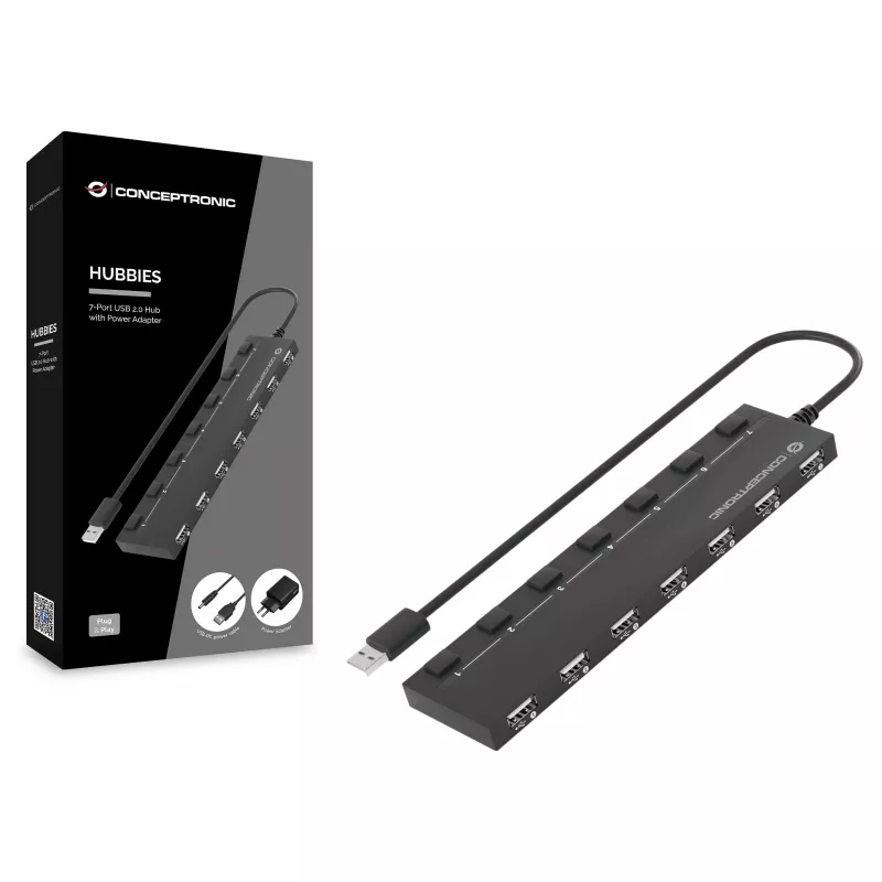Conceptronic 7-Port USB 2.0 Hub mit Netzteil - Schwarz (HUBBIES08BP)