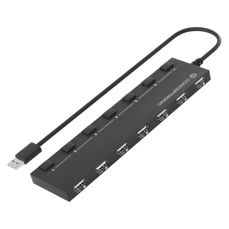 Conceptronic 7-Port USB 2.0 Hub mit Netzteil - Schwarz (HUBBIES08BP)
