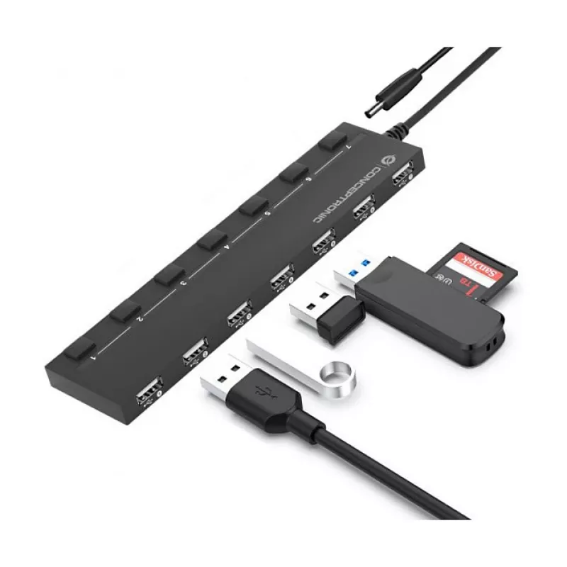 Conceptronic 7-Port USB 2.0 Hub mit Netzteil - Schwarz (HUBBIES08BP)