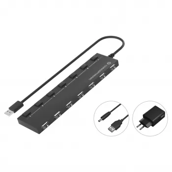 Conceptronic 7-Port USB 2.0 Hub mit Netzteil - Schwarz (HUBBIES08BP)