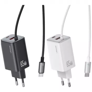 USAMS JC Series CC266 65W GaN Fast Charger 2xUSB-C 1xUSB-A mit integriertem USB-C-Kabel 1,5m Weiß