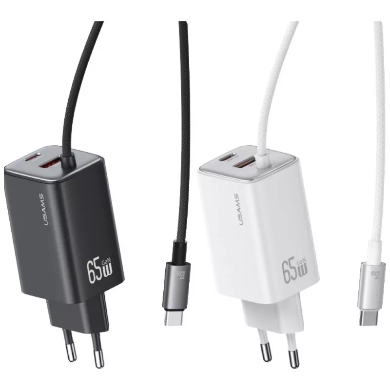 USAMS JC Series CC266 65W GaN Fast Charger 2xUSB-C 1xUSB-A mit integriertem USB-C-Kabel 1,5m Weiß