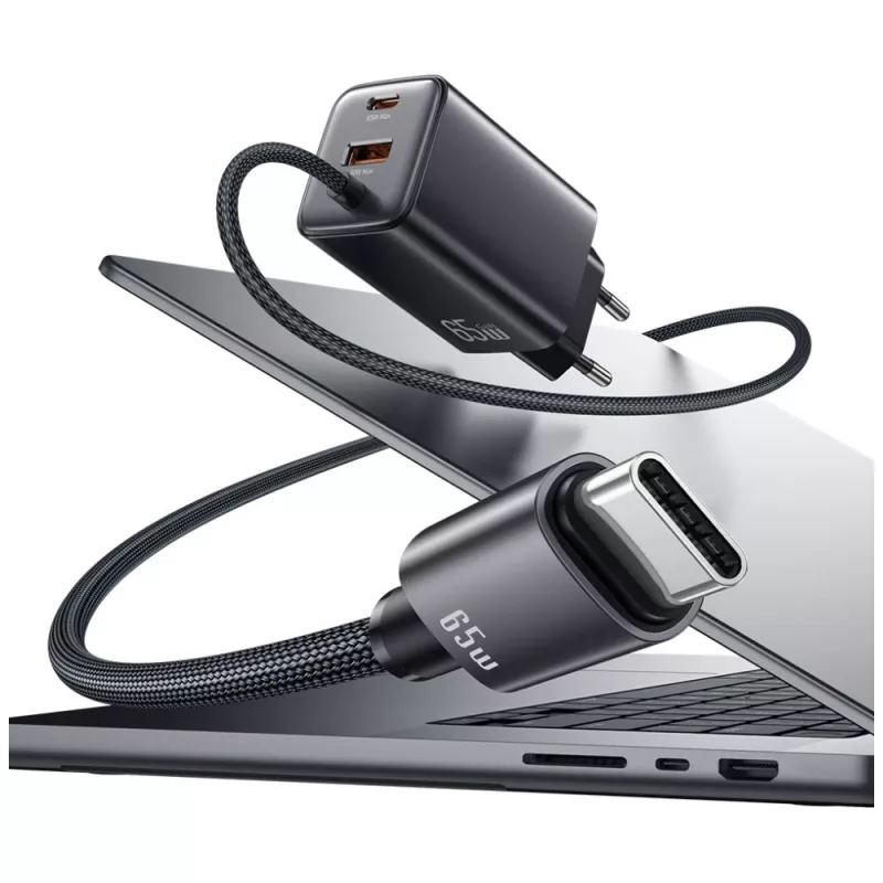 USAMS JC Series CC266 65W GaN Fast Charger 2xUSB-C 1xUSB-A mit integriertem USB-C-Kabel 1,5m Weiß
