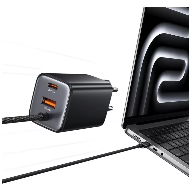USAMS JC Series CC266 65W GaN Fast Charger 2xUSB-C 1xUSB-A mit integriertem USB-C-Kabel 1,5m Weiß