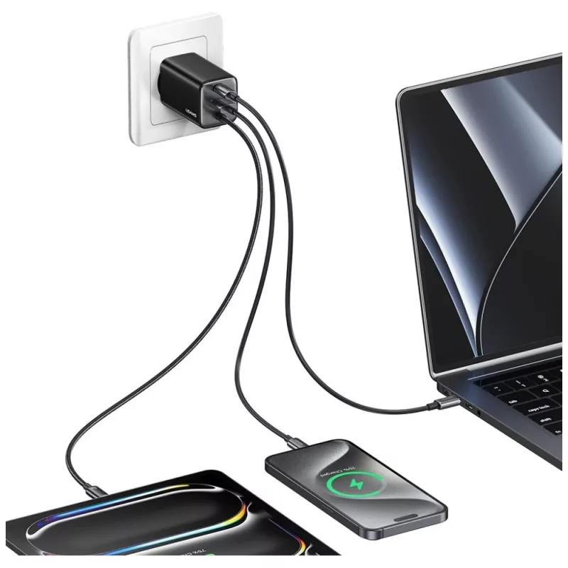 USAMS JC Series CC266 65W GaN Fast Charger 2xUSB-C 1xUSB-A mit integriertem USB-C-Kabel 1,5m Weiß