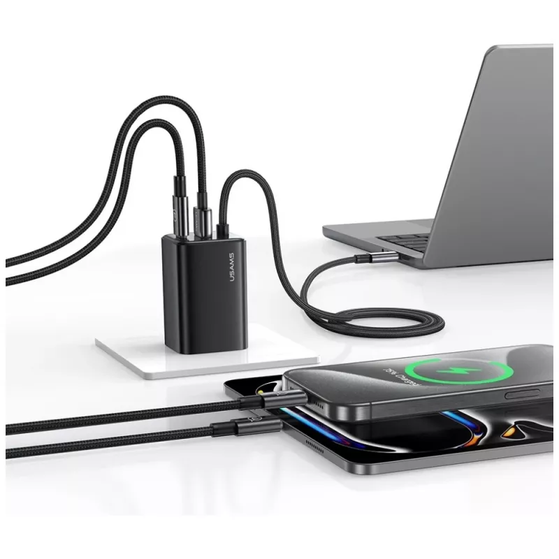 USAMS JC Series CC266 65W GaN Fast Charger 2xUSB-C 1xUSB-A mit integriertem USB-C-Kabel 1,5m Weiß