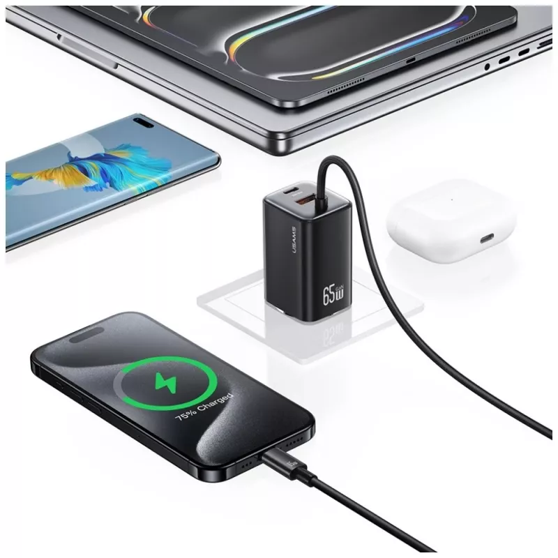 USAMS JC Series CC266 65W GaN Fast Charger 2xUSB-C 1xUSB-A mit integriertem USB-C-Kabel 1,5m Weiß