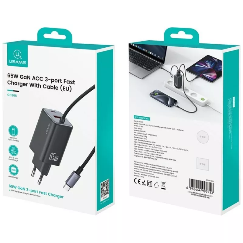 USAMS JC Series CC266 65W GaN Fast Charger 2xUSB-C 1xUSB-A mit integriertem USB-C-Kabel 1,5m Weiß