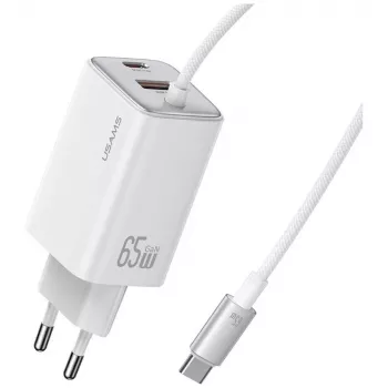 USAMS JC Series CC266 65W GaN Fast Charger 2xUSB-C 1xUSB-A mit integriertem USB-C-Kabel 1,5m Weiß