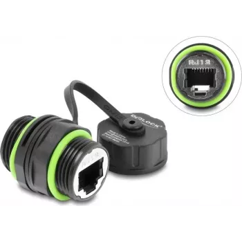 Delock Kabelverbinder RJ12 Buchse zu RJ12 Buchse mit M20 x 1,5 mm Gewinde und Schutzkappe IP68 staubdicht und wasserdicht