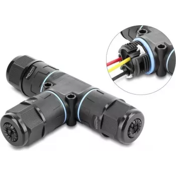 Delock T-förmiger Kabelverbinder, 3-polige Klemmleiste, IP68 wasserdicht, für Kabeldurchmesser 5-9 mm, inkl. Dichtungen für 9-12 mm, werkzeuglos, schwarz (87244)