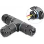 Delock T-förmiger Kabelverbinder, 3-polige Klemmleiste, IP68 wasserdicht, für Kabeldurchmesser 5-9 mm, inkl. Dichtungen für 9-12 mm, werkzeuglos, schwarz (87244)