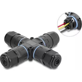 Delock X-Shape Kabelverbinder mit Schraubklemme 3-polig, IP68 wasserdicht für Kabeldurchmesser 5 - 9 mm, inkl. Dichtungen für 9 - 12 mm, werkzeuglos Schwarz (87247)